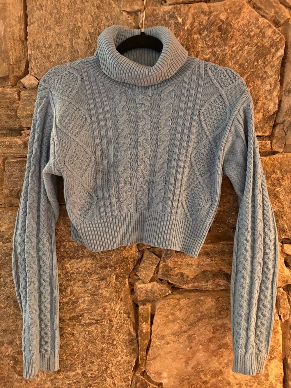 KENDALL & KYLE BLUE CABLE KNIT PREPPY CROPPED TURTLE NECK SWEATER SZ SMALL